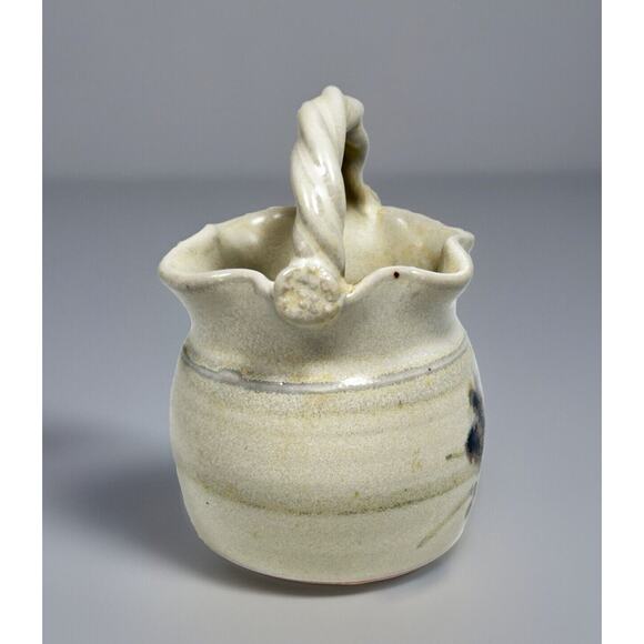 Studio Pottery Miniature Vase Basket Braided Handle 3" Folk Art Ruffled Rustic - Picture 2 of 6